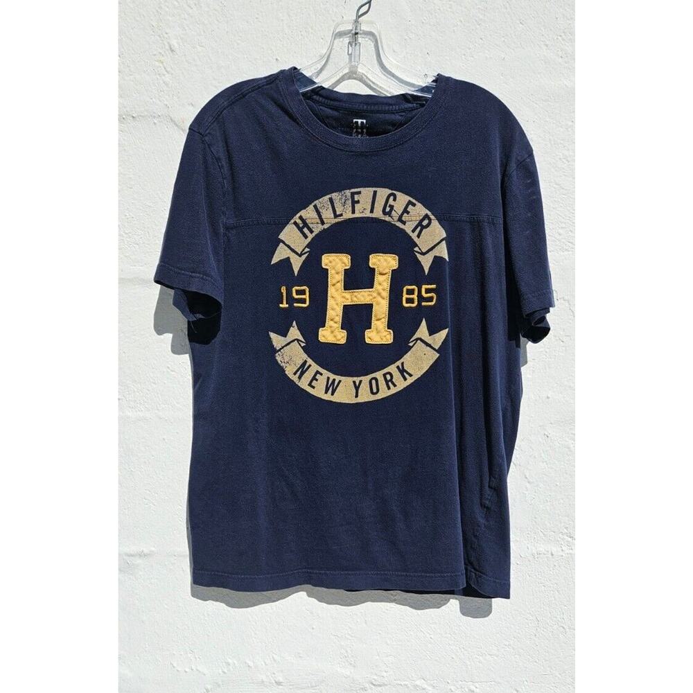 Tommy Hilfiger Mens T Shirt Medium‎ Navy Blue Embroidered Logo Patch Letter